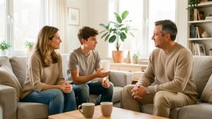 Un adolescent exprime calmement ses émotions tandis que ses deux parents l’écoutent avec attention dans un salon chaleureux.