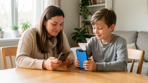 Une mère et son fils de 10 ans comparent calmement un téléphone simple et un smartphone autour d’une table, dans une maison lumineuse et chaleureuse.