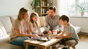 Une famille réunie dans un salon lumineux organise calmement l’usage des écrans avec une minuterie et une station de recharge, dans une ambiance respectueuse adaptée aux différents âges.