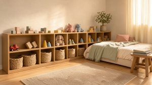 Chambre d’enfant lumineuse et épurée avec des rangements bas, des jouets bien organisés, des paniers tressés et une décoration aux tons naturels.
