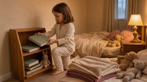 Une jeune fille en pyjama range soigneusement un livre sur une petite étagère dans une chambre d’enfant douce et chaleureuse avant le coucher.
