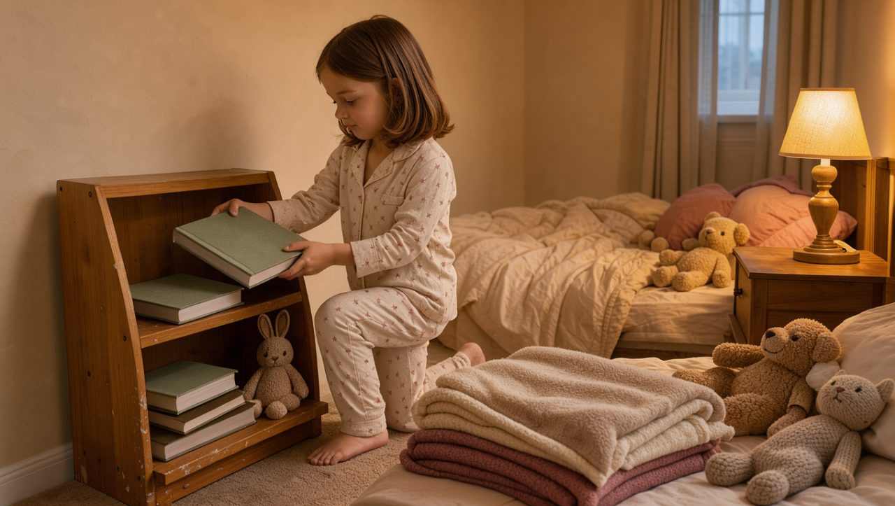 Une jeune fille en pyjama range soigneusement un livre sur une petite étagère dans une chambre d’enfant douce et chaleureuse avant le coucher.