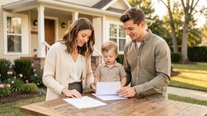Jeune femme et jeune homme avec leur enfant en bas âge devant une maison familiale, avec des documents vierges posés sur une table en bois.